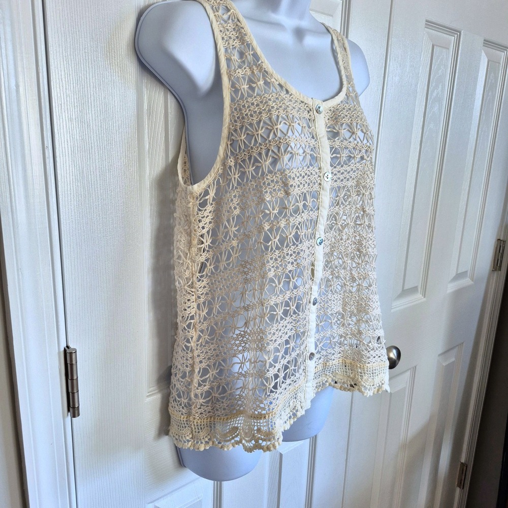 Crochet lace boho button up off-white cream vest top women's small - Picture 5 of 8
